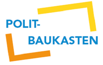 Gelb-oranges Signet mit blauer Aufschrift Polit-Baukasten